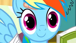 Size: 1280x720 | Tagged: safe, derpibooru import, screencap, rainbow dash, pegasus, pony, read it and weep, bandage, bed, book, c:, cute, dashabetes, female, looking at you, mare, smiling, solo