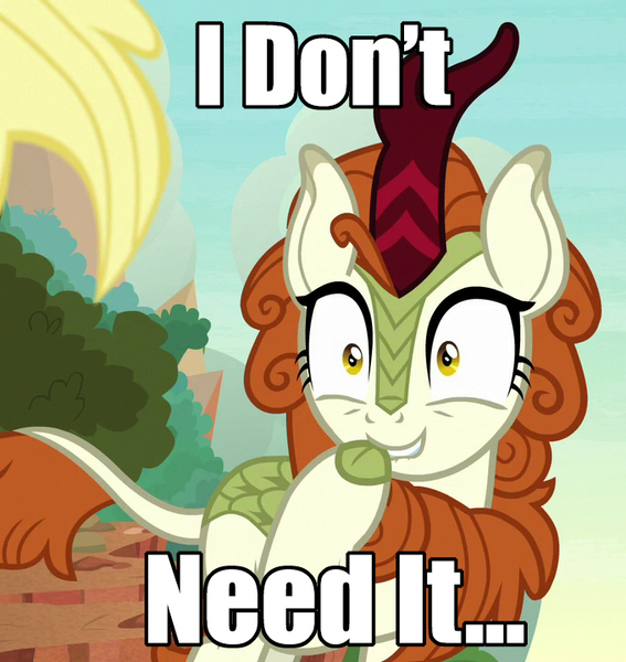 Size: 680x720 | Tagged: safe, derpibooru import, edit, edited screencap, screencap, applejack, autumn blaze, kirin, sounds of silence, caption, cropped, faic, grin, hoof over mouth, i don't need it, image macro, lip bite, mane, out of context, shrunken pupils, smiling, spongebob squarepants, tea at the treedome, text