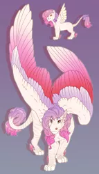 Size: 1514x2652 | Tagged: safe, artist:seffiron, derpibooru import, oc, oc:lavender wings, unofficial characters only, hybrid, colored wings, female, gradient background, interspecies offspring, magical lesbian spawn, multicolored wings, offspring, parent:fluttershy, parent:sphinx (character), solo, wings