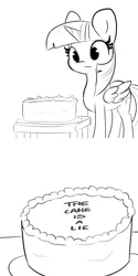 Size: 3000x6000 | Tagged: safe, artist:tjpones, derpibooru import, edit, twilight sparkle, twilight sparkle (alicorn), alicorn, pony, 2 panel comic, absurd resolution, black and white, cake, comic, female, food, grayscale, mare, message, monochrome, portal (valve), simple background, solo, the cake is a lie, white background