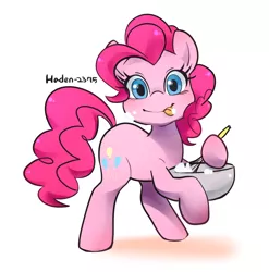 Size: 894x906 | Tagged: safe, artist:haden-2375, derpibooru import, pinkie pie, earth pony, pony, batter, bowl, cute, diapinkes, food, looking at you, mixing, mixing bowl, simple background, solo, tongue out, whisk, white background