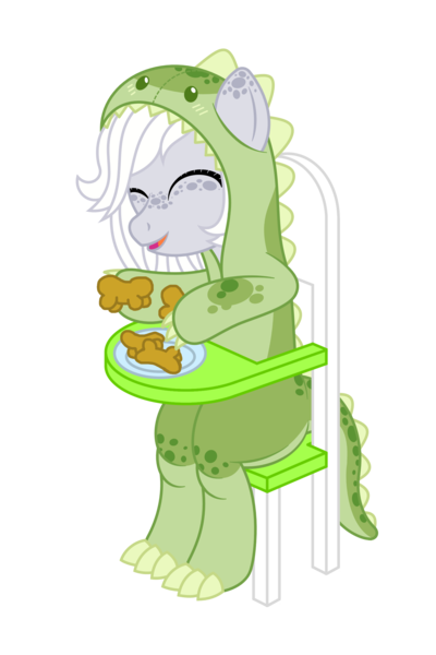 Size: 1600x2400 | Tagged: safe, artist:datspaniard, derpibooru import, oc, oc:fossil fluster, earth pony, pony, adult foal, chicken meat, chicken nugget, clothes, costume, dinosaur costume, eyes closed, food, highchair, kigurumi, meat, playing, simple background, smiling, solo, transparent background