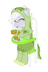 Size: 1600x2400 | Tagged: safe, artist:datspaniard, derpibooru import, oc, oc:fossil fluster, earth pony, pony, adult foal, chicken meat, chicken nugget, clothes, costume, dinosaur costume, eyes closed, food, highchair, kigurumi, meat, playing, simple background, smiling, solo, transparent background