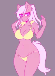 Size: 1000x1375 | Tagged: suggestive, alternate version, artist:that-girl-whodraws, derpibooru import, oc, unnamed oc, unofficial characters only, anthro, earth pony, armpits, belly button, big breasts, blushing, breasts, busty oc, clothes, digital art, female, freckles, looking away, panties, simple background, smiling, solo, solo female, tail, thighs, underwear, wide hips
