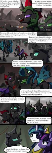 Size: 525x1522 | Tagged: grimdark, artist:aschenstern, derpibooru import, pharynx, queen chrysalis, shining armor, thorax, twilight sparkle, changeling, changeling queen, unicorn, comic:flurry and stag, blood, comic, death, female