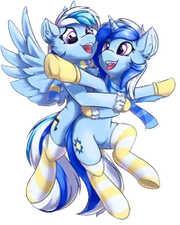 Size: 2400x3000 | Tagged: safe, artist:ravistdash, derpibooru import, oc, oc:ravist, oc:twilight thunder, pegasus, unicorn, derpibooru community collaboration, 2021 community collab, clothes, couple, flying, hoof gloves, open mouth, scarf, simple background, smiling, sock, socks, striped socks, transparent background