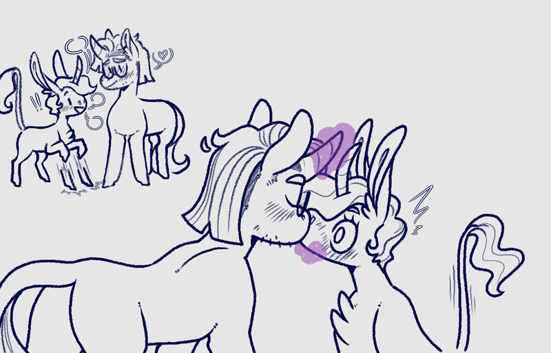 Size: 1321x847 | Tagged: safe, artist:doodlebetch, derpibooru import, moondancer, trixie, female, kissing, leonine tail, lesbian, lineart, monochrome, shipping, trixdancer