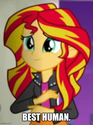 Size: 500x669 | Tagged: safe, derpibooru import, screencap, sunset shimmer, equestria girls, rainbow rocks, best human, caption, cropped, image macro, imgflip, solo, text