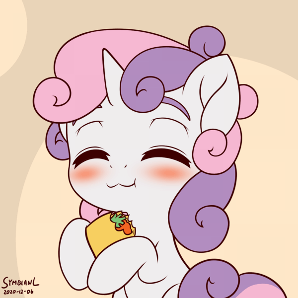 Size: 1200x1200 | Tagged: safe, artist:symbianl, derpibooru import, sweetie belle, pony, unicorn, :3, animated, blushing, cute, diasweetes, eating, eyebrows, eyes closed, food, frame by frame, gif, pun, solo, symbianl is trying to murder us, taco, taco belle, thick eyebrows, vegetarian, weapons-grade cute