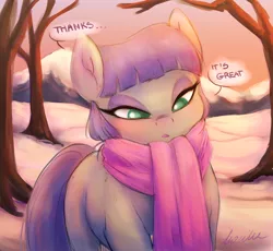 Size: 2426x2233 | Tagged: safe, artist:buttersprinkle, derpibooru import, maud pie, earth pony, pony, blushing, clothes, cute, dialogue, eyelashes, eyeshadow, female, high res, makeup, mare, maudabetes, misleading thumbnail, mountain, scarf, snow, solo, speech bubble, text, tree, winter
