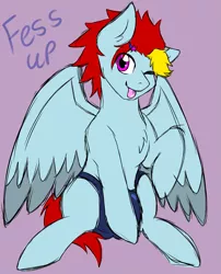 Size: 1091x1351 | Tagged: suggestive, artist:jolliapplegirl, derpibooru import, oc, oc:fess up, pegasus, pony, crotch bulge, looking at you, male, one eye closed, pinup, solo, solo male, stallion, tongue out, wink, winking at you