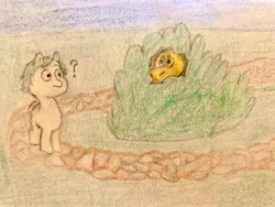 Size: 4032x3024 | Tagged: safe, artist:nbj, derpibooru import, oc, oc:errant, unofficial characters only, earth pony, caught, colored pencil drawing, confused, hiding in bushes, path, question mark, stalker, stalking, traditional art