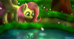 Size: 4096x2160 | Tagged: safe, artist:darbedarmoc, derpibooru import, fluttershy, butterfly, insect, pegasus, pony, day, field, flower, forest, grass, looking at something, mystery, reflection, river, solo, spread wings, sunlight, trail, tree, water, wings