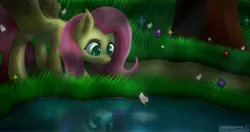 Size: 4096x2160 | Tagged: safe, alternate version, artist:darbedarmoc, derpibooru import, fluttershy, night light, butterfly, insect, pegasus, pony, field, flower, forest, grass, looking at something, mystery, night, reflection, river, solo, spread wings, stars, trail, tree, water, wings