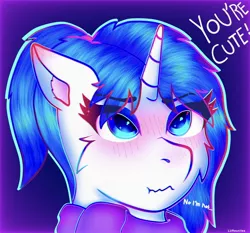 Size: 3128x2914 | Tagged: safe, artist:legionsunite, derpibooru import, oc, oc:magenta pulse, unofficial characters only, pony, unicorn, blatant lies, blushing, blushing ears, blushing profusely, female, mare, ponytail, redraw, scrunchy face, solo