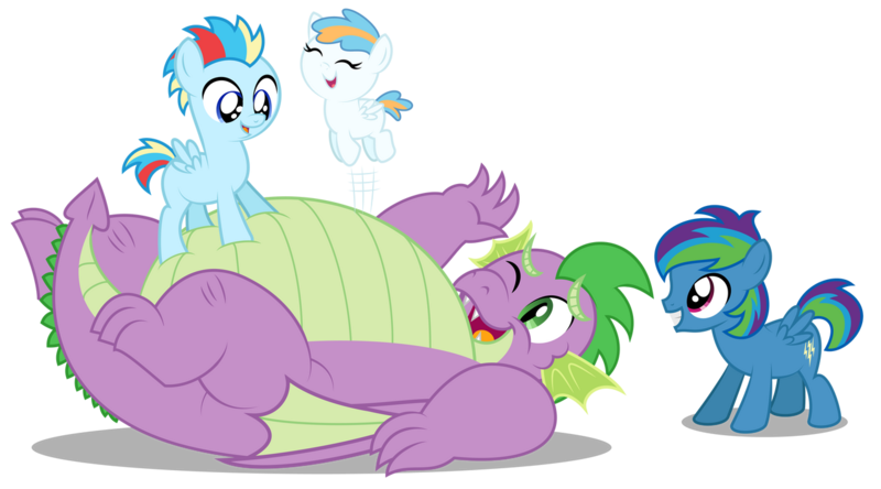 Size: 1280x710 | Tagged: safe, artist:aleximusprime, derpibooru import, spike, oc, oc:lightning flash, oc:misty blitz, oc:storm streak, dragon, pony, flurry heart's story, adult, adult spike, baby, belly, bouncing, calming of the storm, children, chubby, colt, cute, eyes closed, fat, fat spike, female, filly, foal, happy, jumping, kids, laughing, lying down, male, offspring, older, older spike, one eye closed, parent:oc:thunderhead, parent:rainbow dash, parents:canon x oc, playing, plump, simple background, trampoline, transparent background, vector, winged spike