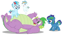 Size: 1280x710 | Tagged: safe, artist:aleximusprime, derpibooru import, spike, oc, oc:lightning flash, oc:misty blitz, oc:storm streak, dragon, pony, flurry heart's story, adult, adult spike, baby, belly, bouncing, calming of the storm, children, chubby, colt, cute, eyes closed, fat, fat spike, female, filly, foal, happy, jumping, kids, laughing, lying down, male, offspring, older, older spike, one eye closed, parent:oc:thunderhead, parent:rainbow dash, parents:canon x oc, playing, plump, simple background, trampoline, transparent background, vector, winged spike