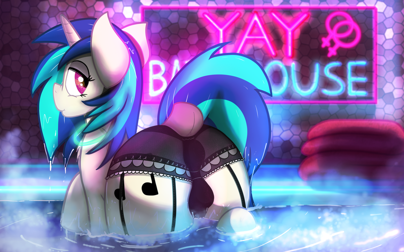 Size: 3456x2160 | Tagged: suggestive, alternate version, artist:glutenfree_texmex, derpibooru import, vinyl scratch, pony, bath, bathhouse, butt, cameltoe, clothes, dock, frilly underwear, looking at you, looking back, looking back at you, panties, plot, presenting, scrunchy face, solo, steam, underwear, vinyl ass, wet