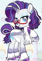 Size: 743x1065 | Tagged: safe, artist:malinraf1615, derpibooru import, rarity, pony, unicorn, alternate hairstyle, base used, bedroom eyes, chest fluff, ear piercing, earring, eyeshadow, female, glasses, grin, jewelry, leg fluff, makeup, mare, markings, piercing, raised hoof, redesign, smiling, solo, unshorn fetlocks