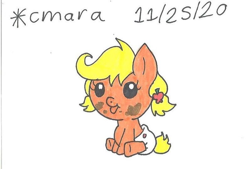 Size: 898x607 | Tagged: safe, artist:cmara, derpibooru import, baby applejack, earth pony, pony, :p, alternate hairstyle, diaper, female, messy, simple background, sitting, solo, tongue out, traditional art, white background