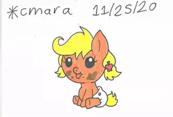 Size: 898x607 | Tagged: safe, artist:cmara, derpibooru import, baby applejack, earth pony, pony, :p, alternate hairstyle, diaper, female, messy, simple background, sitting, solo, tongue out, traditional art, white background