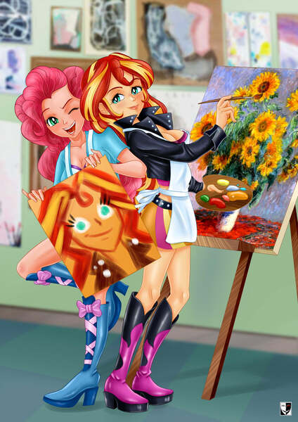 Size: 1000x1414 | Tagged: safe, artist:lord--opal, derpibooru import, pinkie pie, sunset shimmer, human, eqg summertime shorts, equestria girls, the art of friendship, human coloration