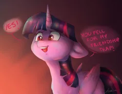 Size: 1770x1362 | Tagged: safe, artist:buttersprinkle, derpibooru import, twilight sparkle, twilight sparkle (alicorn), alicorn, pony, all according to keikaku, dark, dialogue, female, floppy ears, glow, mare, neck fluff, open mouth, pure unfiltered evil, simple background, smiling, smirk, solo, speech bubble, that pony sure does love friendship