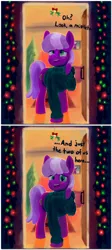 Size: 1045x2339 | Tagged: safe, artist:dummyhorse, derpibooru import, cheerilee, earth pony, pony, 2 panel comic, christmas, christmas lights, clothes, comic, dialogue, door, doorway, female, hearth's warming, hearth's warming eve, holiday, innuendo, looking at you, looking up, mare, mistletoe, open mouth, raised hoof, solo, sweater, talking to viewer