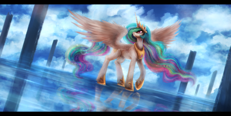 Size: 3500x1765 | Tagged: safe, artist:ventious, derpibooru import, princess celestia, alicorn, pony, cloud, letterboxing, solo