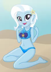 Size: 1417x2000 | Tagged: suggestive, artist:grapefruitface1, derpibooru import, part of a set, trixie, equestria girls, barefoot, base used, beach, bikini, breasts, clothes, cute, diatrixes, feet, happy, kneeling, solo, swimsuit, trace