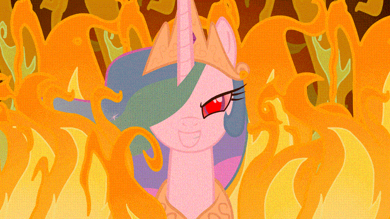 Size: 960x540 | Tagged: safe, artist:nicoboss143, derpibooru import, edit, princess celestia, pony, evil grin, female, fire, grin, gritted teeth, inverted mouth, looking at you, mare, red eyes, red eyes take warning, smiling, snaplestia