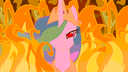 Size: 960x540 | Tagged: safe, artist:nicoboss143, derpibooru import, edit, princess celestia, pony, evil grin, female, fire, grin, gritted teeth, inverted mouth, looking at you, mare, red eyes, red eyes take warning, smiling, snaplestia