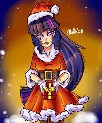 Size: 625x750 | Tagged: safe, artist:melliedraws, derpibooru import, twilight sparkle, human, christmas, clothes, female, gloves, hat, holiday, humanized, present, santa hat, skirt, solo