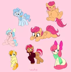 Size: 768x788 | Tagged: safe, artist:breezietype, derpibooru import, apple bloom, babs seed, cozy glow, peachy pie, petunia paleo, scootaloo, earth pony, pegasus, pony, blushing, clothes, cute, female, filly, flying, jacket, lying down, open mouth, pink background, prone, scarf, scootaloo can fly, simple background, sketch, sketch dump