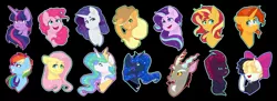 Size: 1704x620 | Tagged: safe, artist:silentwolf-oficial, derpibooru import, applejack, discord, fluttershy, pinkie pie, princess celestia, princess luna, rainbow dash, rarity, songbird serenade, starlight glimmer, sunburst, sunset shimmer, tempest shadow, twilight sparkle, twilight sparkle (alicorn), alicorn, draconequus, earth pony, pegasus, pony, unicorn, my little pony: the movie, 2019, :d, black background, bow, broken horn, bust, female, glasses, grin, hair bow, horn, male, mane six, mare, open mouth, peytral, raised hoof, simple background, smiling, stallion