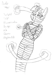 Size: 2361x3229 | Tagged: suggestive, alternate version, artist:supra80, derpibooru import, part of a set, twilight sparkle, alicorn, anthro, bondage, crossed arms, female, magic, monochrome, mummification, mummy, part of a series, self bondage, sketch, solo, telekinesis, text, traditional art, twilight sparkle (alicorn), wrapped up