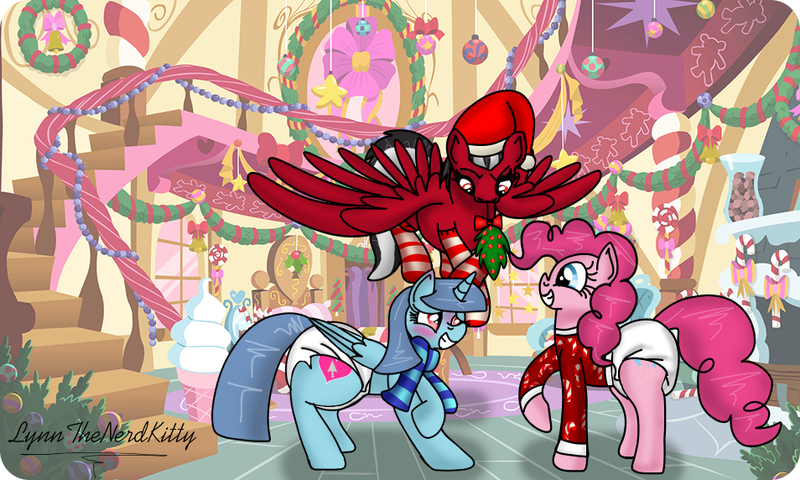 Size: 954x572 | Tagged: suggestive, alternate version, artist:lynnthenerdkitty, derpibooru import, pinkie pie, oc, oc:heart mouse, oc:shatter misty cloud, ponified, alicorn, earth pony, pegasus, pony, alicorn oc, blushing, canon x oc, clothes, diaper, diaper fetish, fetish, grin, hearth's warming, holly, holly mistaken for mistletoe, horn, looking at each other, mouth hold, nervous, nervous grin, raised hoof, requested art, scarf, shatter (transformers), smiling, transformers, wings