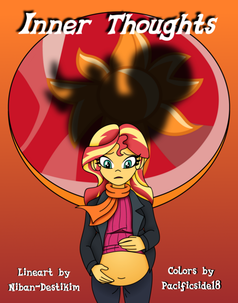 Size: 1600x2033 | Tagged: safe, artist:niban-destikim, artist:pacificside18, derpibooru import, sunset shimmer, comic:inner thoughts, equestria girls, belly, belly button, clothes, cover, cover art, fetus, geode of empathy, jacket, magical geodes, pants, pregnant, scarf, sunset preggers, sweater, title, title page
