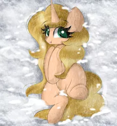 Size: 2013x2160 | Tagged: safe, artist:janelearts, derpibooru import, oc, oc:carrot leah, unofficial characters only, pony, unicorn, eye clipping through hair, female, looking at you, lying down, mare, on back, smiling, snow, solo, tongue out