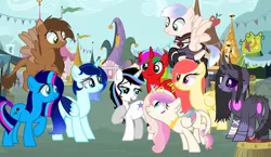 Size: 1080x628 | Tagged: safe, artist:rxndxm.artist, derpibooru import, oc, oc:shooting star, unofficial characters only, alicorn, pegasus, pony, unicorn, alicorn oc, base used, black sclera, female, hooves to the chest, horn, leonine tail, mare, outdoors, pegasus oc, raised hoof, smiling, unicorn oc, wings