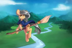 Size: 4500x3000 | Tagged: safe, artist:sugarstar, derpibooru import, oc, oc:sugar space, unofficial characters only, earth pony, pony, absurd resolution, broom, crossover, detailed background, female, flying, flying broomstick, harry potter, looking at you, mare, rcf community, solo