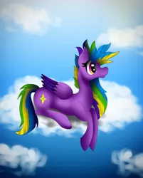 Size: 1080x1346 | Tagged: safe, artist:rxndxm.artist, derpibooru import, oc, unofficial characters only, pegasus, pony, cloud, eyelashes, lying down, on a cloud, outdoors, pegasus oc, prone, smiling, solo, two toned wings, wings