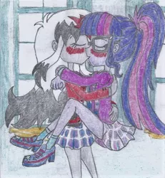 Size: 762x825 | Tagged: safe, artist:nephilim rider, derpibooru import, sci-twi, twilight sparkle, oc, oc:heaven lost, equestria girls, female, hug, kissing, lesbian, traditional art