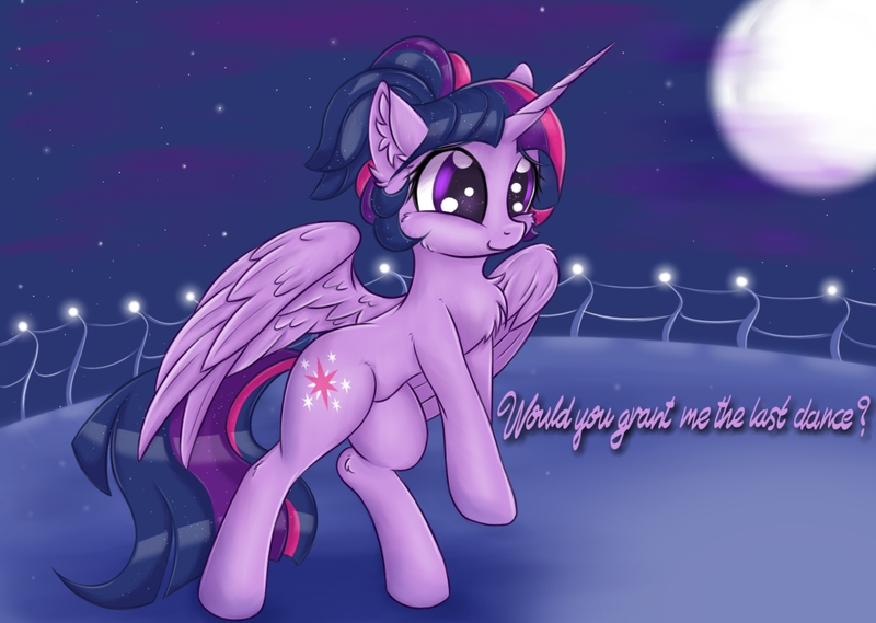 Size: 1519x1080 | Tagged: safe, artist:rurihal, banned from derpibooru, deleted from derpibooru, derpibooru import, twilight sparkle, twilight sparkle (alicorn), alicorn, pony, 2019, alternate hairstyle, balcony, chest fluff, cute, dialogue, ear fluff, female, full moon, image, jpeg, mare, moon, night, smiling, solo, spread wings, twiabetes, wings