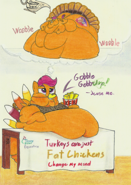 Size: 959x1350 | Tagged: questionable, artist:white-eyed vireo, derpibooru import, scootaloo, bird, turkey, belly, big belly, blob, blushing, bucket, burp, butter, change my mind, chubby cheeks, clothes, costume, daydream, fat, feeding, female, food, gravy, gravy boat, holiday, huge belly, immobile, impossibly large belly, morbidly obese, obese, onomatopoeia, scootachicken, scootalard, scootaturkey, sign, solo, stuffed, stuffing, sweat, table, thanksgiving, thought bubble, turkey costume, weight gain