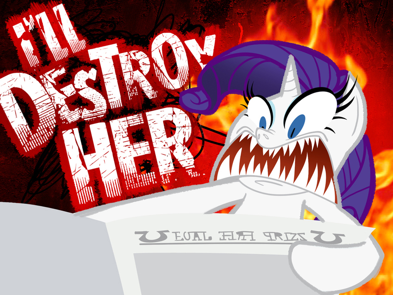 Size: 1120x840 | Tagged: safe, artist:dianima86, derpibooru import, rarity, monster pony, pony, unicorn, ponyville confidential, angry, faic, female, fire, furious, i'll destroy her, mare, newspaper, scene interpretation, sharp teeth, solo, teeth