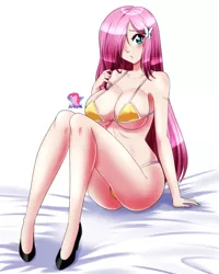 Size: 4000x5000 | Tagged: absurd resolution, adorasexy, anime, artist:danmakuman, bed, big breasts, bikini, blushing, breasts, busty fluttershy, cameltoe, clothes, cute, derpibooru import, erect nipples, female, fluttershy, hair over one eye, high heels, human, humanized, nipple outline, sexy, shoes, shyabetes, sitting, solo, solo female, string bikini, stupid sexy fluttershy, suggestive, swimsuit, thong swimsuit, yellow swimsuit