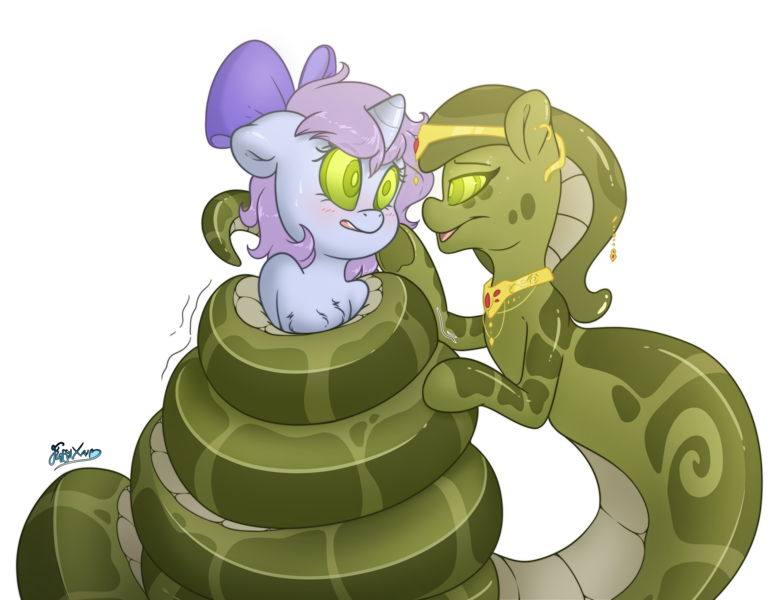 Size: 5200x4000 | Tagged: safe, alternate version, artist:fluffyxai, derpibooru import, oc, oc:melyssa, oc:swirly daze, unofficial characters only, lamia, original species, pony, serpent, snake, unicorn, accessory, bow, coils, female, fetish, gasping, hair bow, hoof on cheek, hypnosis, hypnosis fetish, hypnotized, jewelry, mare, simple background, smiling, smirk, sweat, sweatdrop, swirly eyes, tail wrap, transparent background, wrapped up, wrapping