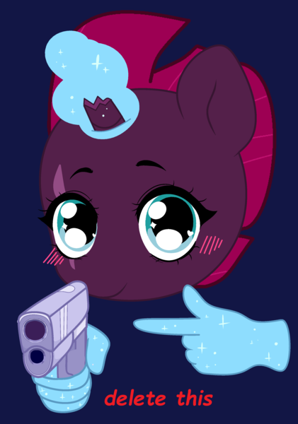 Size: 2076x2960 | Tagged: safe, alternate version, artist:jadethepegasus, artist:jeffapegas, derpibooru import, tempest shadow, pony, unicorn, base used, blue background, blushing, broken horn, delet this, eye scar, female, glowing horn, gun, hand, handgun, horn, levitation, magic, magic hands, mare, meme, pistol, pointing, ponified meme, scar, simple background, solo, telekinesis, weapon