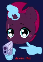 Size: 2076x2960 | Tagged: safe, alternate version, artist:jadethepegasus, artist:jeffapegas, derpibooru import, tempest shadow, pony, unicorn, base used, blue background, blushing, broken horn, delet this, eye scar, female, glowing horn, gun, hand, handgun, horn, levitation, magic, magic hands, mare, meme, pistol, pointing, ponified meme, scar, simple background, solo, telekinesis, weapon